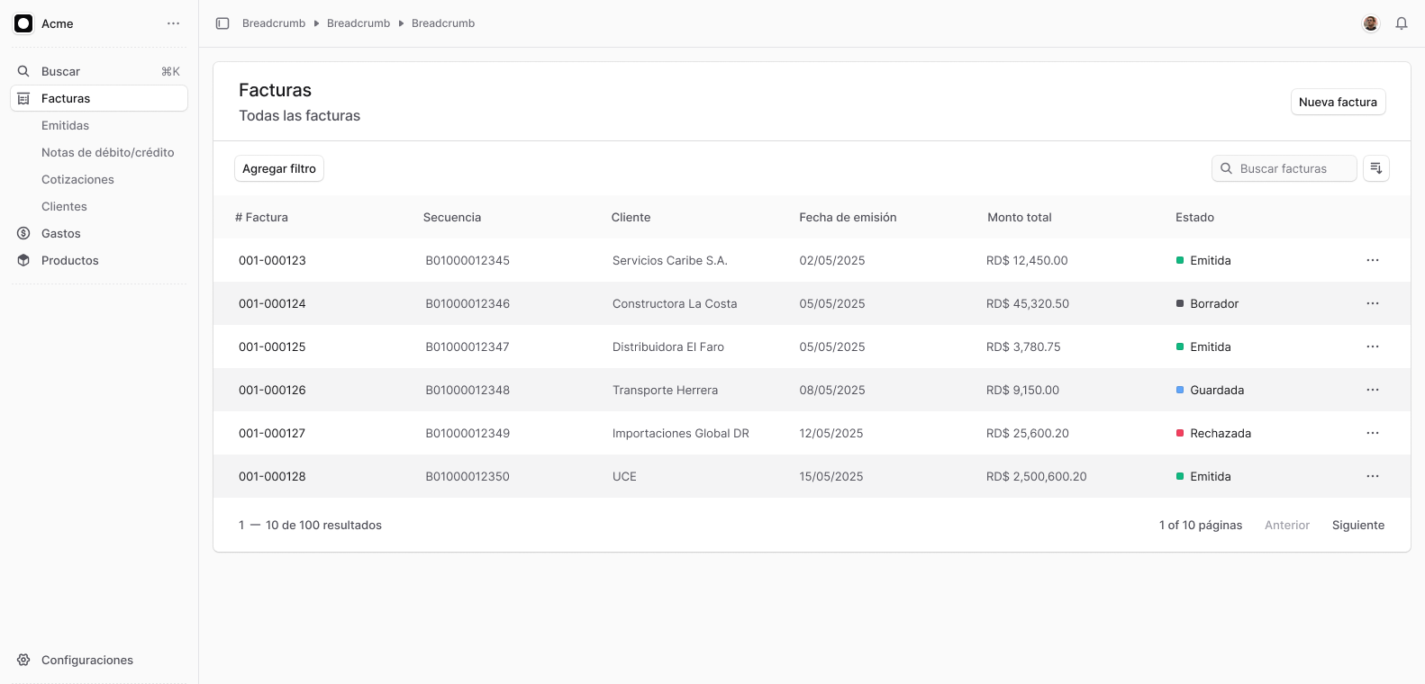 Interfaz de facturación electrónica - Dashboard principal